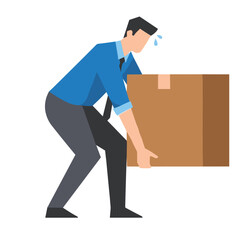 Man struggling to lift heavy cardboard box with proper technique.