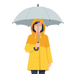 Person in Yellow Raincoat Holding Umbrella on White Background.