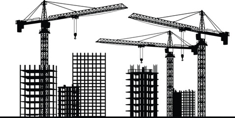 Urban construction site skyline with tower cranes, high rise building structure silhouettes, development industry, architecture engineering, infrastructure growth, city building progress illustration © LITON WORLD
