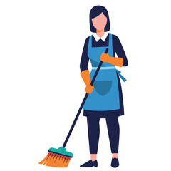 Professional cleaner sweeping floor with broom wearing apron and gloves.