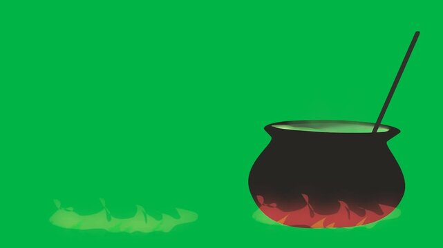Black cauldron bubbling over fire with green smoke on green screen chromakey background. Great for 2d animated cartoon animation of witch potions or brewing spells.