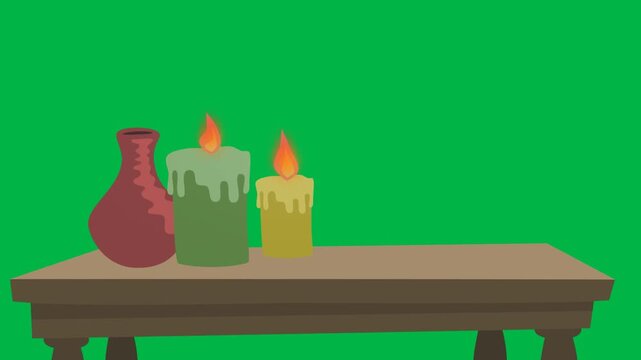 Witch's wooden table with red potion bottle and flickering candles on green screen chromakey background. Ideal for 2d animated cartoon animation in alchemy, magic ritual, or Halloween scenes.