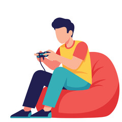 Young man engrossed in video game on a comfortable bean bag chair.