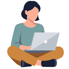 Woman working on laptop sitting crosslegged focused on her tasks.