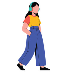 Young woman walking with headphones enjoying music or podcast.