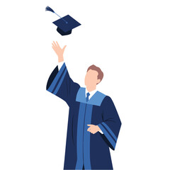 A student in graduation gown throws cap in the air celebrating achievement.