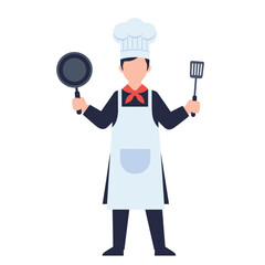 Chef holding a frying pan and spatula ready to cook.