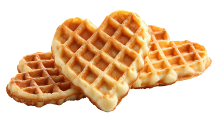 Golden waffles in heart shape isolated on transparent background for design