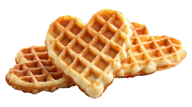 Golden waffles in heart shape isolated on transparent background for design