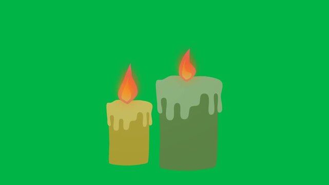 Pair of melting yellow candles with bright flames on green screen chromakey background. Perfect for 2d animated cartoon animation depicting time passage or eerie haunted atmospheres.