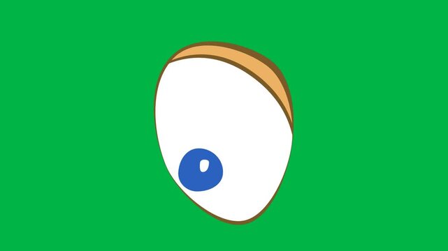 Cartoon eye with blue iris looking sideways suspiciously on green screen chromakey background. Suited for 2d animated cartoon animation in sneaky, doubt, or curious glances.