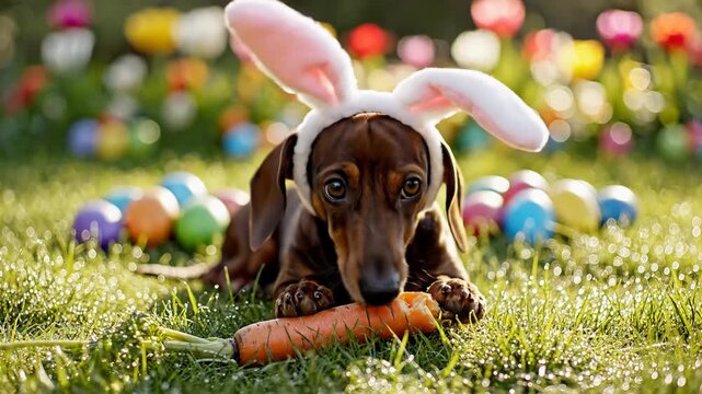 A charming, brown dachshund-like dog, adorned with playful white bunny ears, lies contentedly on vibrant green grass sparkling with morning dew. The adorable canine gently holds a fresh orange carrot 