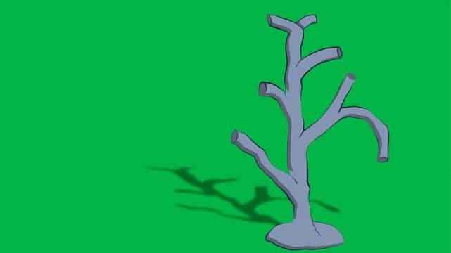 Wintery 2d animated cartoon animation of a barren tree with falling snowflakes on green screen chromakey background. Great for cold, season, holiday, or nature effects in videos. Loopable overlay