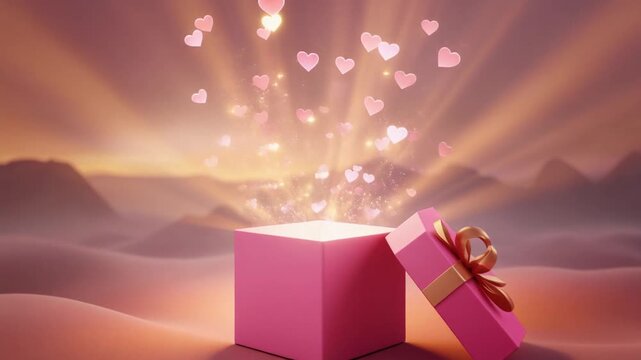 A magical pink gift box opening with glowing hearts and light rays emanating into a warm, dreamy landscape.