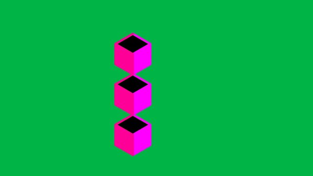 Vibrant 2d animated cartoon animation of stacked pink cubes bouncing or moving on green screen chromakey background. Great for play, abstract, or building block effects in videos. Loopable