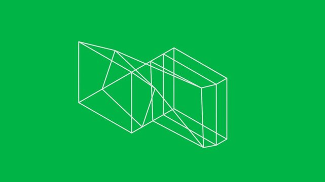Abstract 2d animated cartoon animation of a rotating wireframe cube structure on green screen chromakey background. Suitable for tech, geometry, or 3d model previews in motion graphics. Seamless