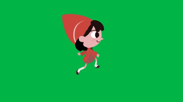 Whimsical 2d animated cartoon animation of Little Red Riding Hood skipping on green screen chromakey background. Ideal for joy, childhood, or fairy tale motion effects. Seamless loop.