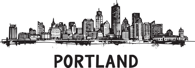 Portland city panorama hand-drawn vector sketch illustration with reflection and architecture © Bakalia