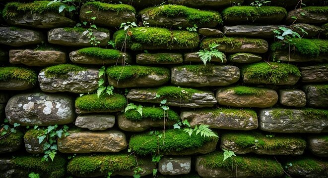 Moss covered old stone wall background. - Powered by Adobe