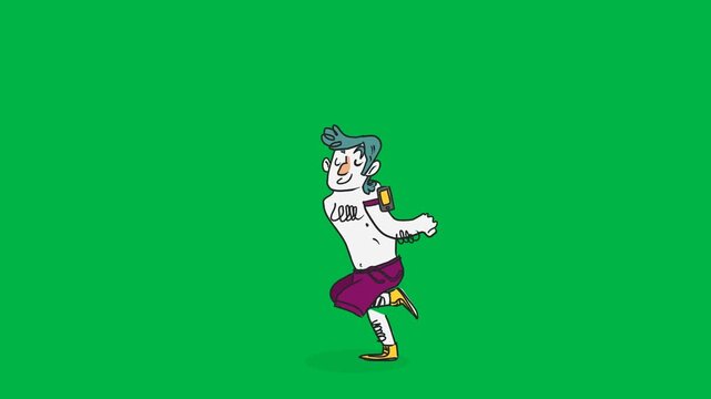 Dynamic 2d animated cartoon animation of a man running fast on green screen chromakey background. Suitable for hurry, escape, or exercise motion overlays in videos. Loopable compositing.