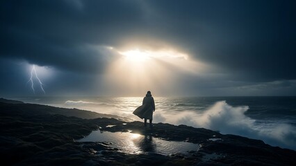 Person standing on beach at stormy sunset.