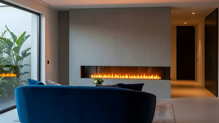 A modern living room with a blue couch and a wall-mounted fireplace