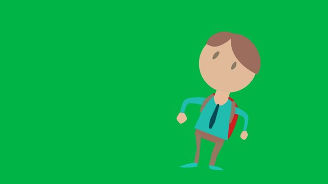 Playful 2d animated cartoon animation of a boy with red tie standing on green screen chromakey background. Suitable for schoolboy, formal, or kid character poses. Loop ready overlay.