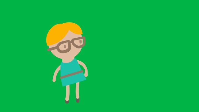 Cute 2d animated cartoon animation of a boy with glasses and backpack on green screen chromakey background. Great for student, school, or education character effects. Seamless loop element.