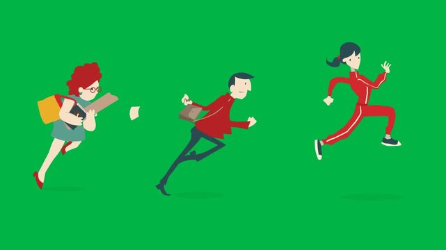 Chaotic 2d animated cartoon animation of people running in panic on green screen chromakey background. Perfect for chase, emergency, or crowd escape scenes. Loop ready compositing.