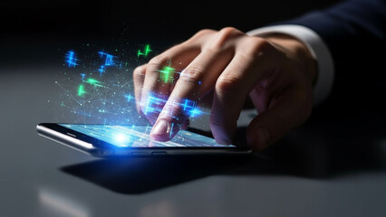 Futuristic Touchscreen Interaction: Hand Tapping Smartphone Display with Glowing Digital Data and Abstract Light Particles on Dark Background