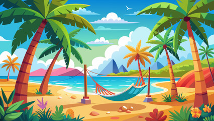 Fototapeta premium Tropical beach with hammocks and palm trees vector illustration, flat style