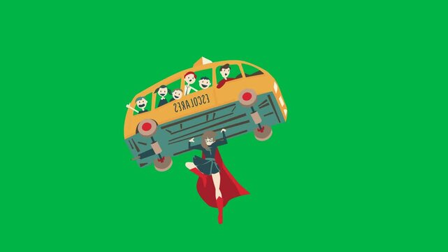 Fun 2d animated cartoon animation of upside-down school bus with kids on green screen chromakey background. Great for chaos, accident, or comedy scenes. Seamless looping.