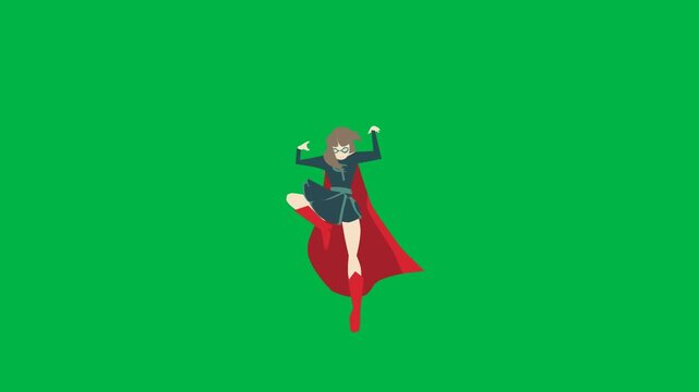 Heroic 2d animated cartoon animation of superhero in red cape flying on green screen chromakey background. Ideal for action, power, or rescue overlays. Loop ready compositing.