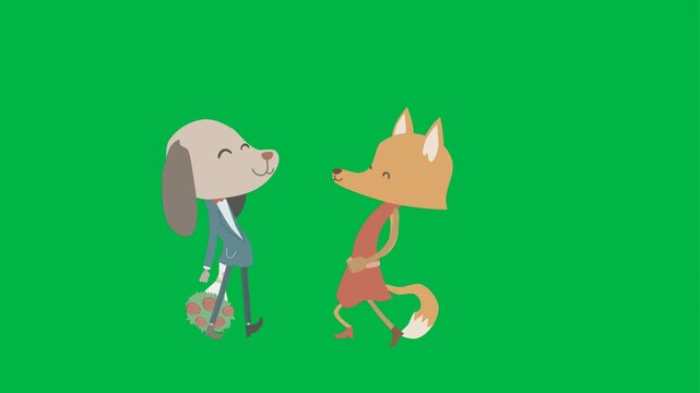 Charming 2d animated cartoon animation of fox and wolf shaking hands on green screen chromakey background. Ideal for friendship, agreement, or fable animal interactions. Seamless looping.