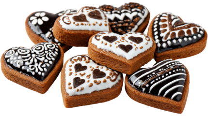 Heart gingerbread cookies with various frosting patterns for holiday on isolated