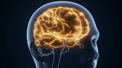 Animated 3d rendering of human heads with glowing brains rotating slowly on dark background - Powered by Adobe