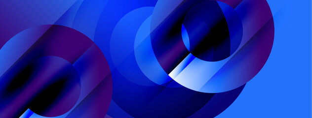 Abstract fluid shapes, vibrant blues, purples blend. Dynamic composition creates modern visual impact. Smooth gradients suggest movement, depth.