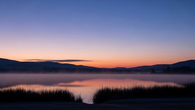 Serene lake at sunset with mountains. - Powered by Adobe