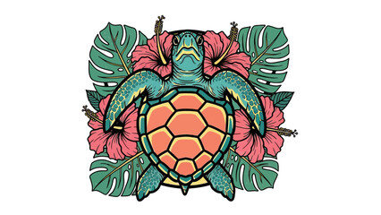 Tropical sea turtle centered among vibrant pink hibiscus flowers and green monstera leaves