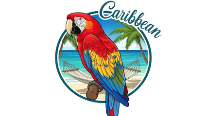 Scarlet macaw parrot on branch with hammock and palm trees Caribbean beach background