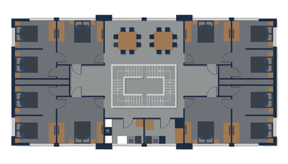 Modern office floor plan with meeting rooms and workstations