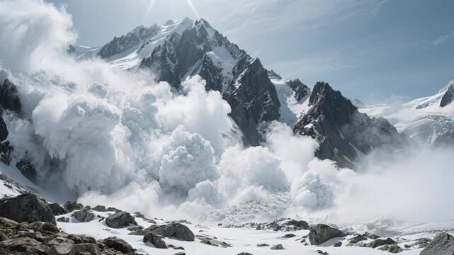 Massive avalanche cascading down sunlit rugged mountain slopes