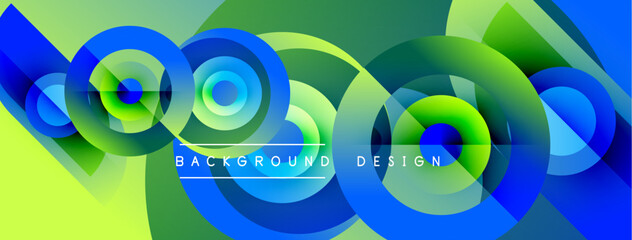 Obraz premium Abstract vibrant circles overlap, creating dynamic fluid composition. Green, blue hues dominate design, suggesting movement, energy.