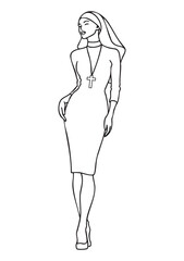 Hand drawn black and white line art vector of a nun wearing knee length skirt and high heels with large cross necklace, bold thick sketch lines, minimalist silhouette style, coloring page, print ready