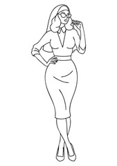 Black and white hand drawn line art vector illustration of an elegant woman wearing knee length skirt, high heels and large cross necklace, bold thick sketch lines, minimalist silhouette style, colori