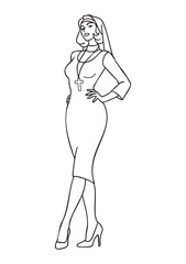 Minimalist sketch silhouette of a nun with bold outlines, high heel shoes and oversized cross pendant, black and white hand made line drawing, vector EPS illustration, coloring page, modern religious 