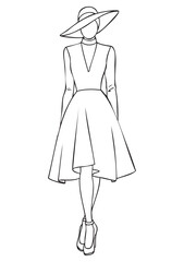 Minimalist black and white sketch silhouette of a stylish woman with bold outlines, wearing high heel shoes, midi skirt and large pendant necklace, hand made line drawing, vector EPS, coloring page