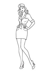 Black and white hand drawn line art vector illustration of a female doctor in medical coat, bold thick sketch lines, minimalist silhouette style, handmade outline drawing, coloring page, print ready