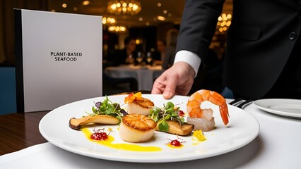 Gourmet plant based seafood plate presented by waiter in restaurant