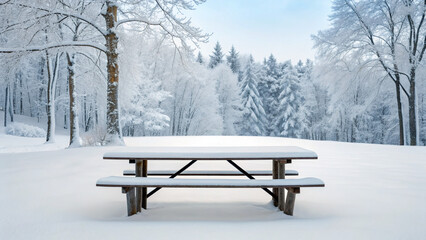 Picnic table covered with snow in a forest during winter at midday with trees in background